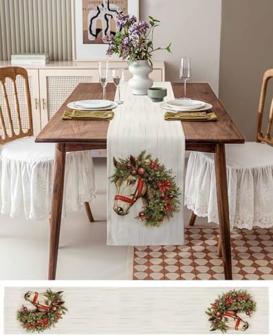 Merry Christmas Horse Garland Linen Table Runner