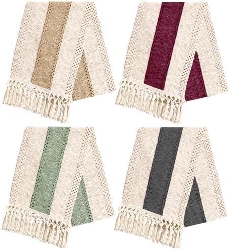 4 Piece Boho Table Runner with Tassels Rustic Farmhouse Decor