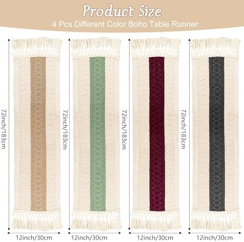 4 Piece Boho Table Runner with Tassels Rustic Farmhouse Decor