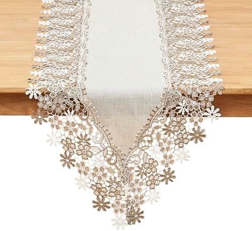 Natural Neutral Earth Tones Beige Floral Lace Table Runner 72 Inches Long