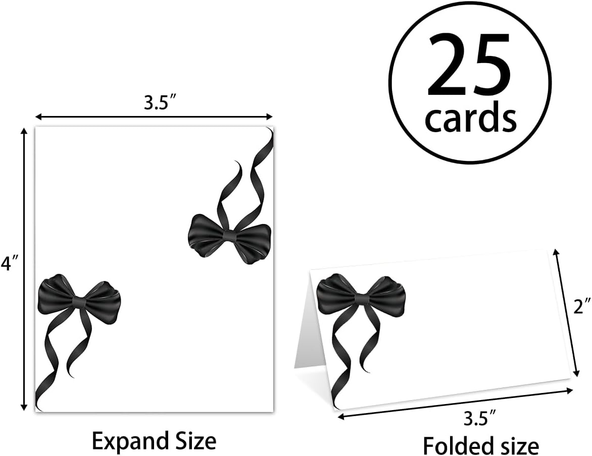 25 Pack Black Bow Table Place Cards for Events