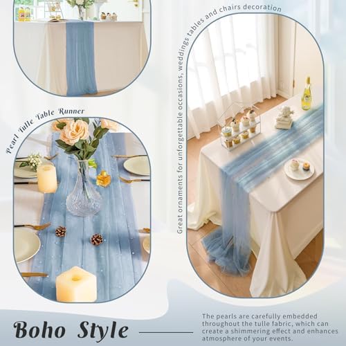 Set of 6 Dusty Blue Pearl Tulle Table Runners
