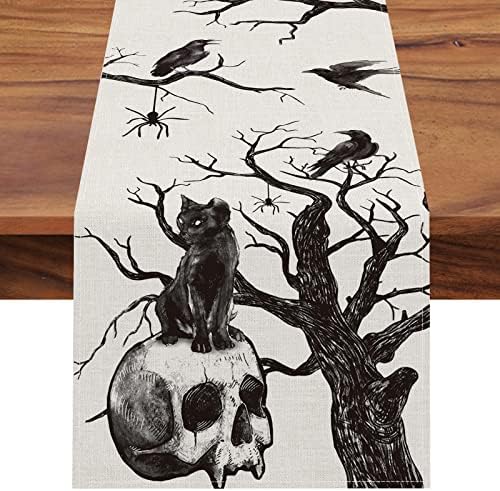 Seliem Halloween Gothic Skull Black Cat Table Runner 13x72 Inches
