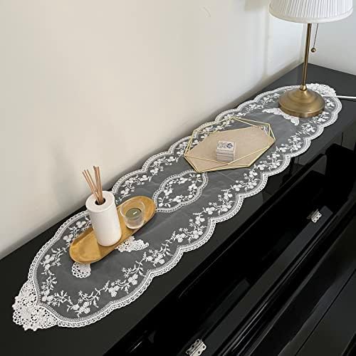 White Lace Table Runner with Flower Embroidery 12x59