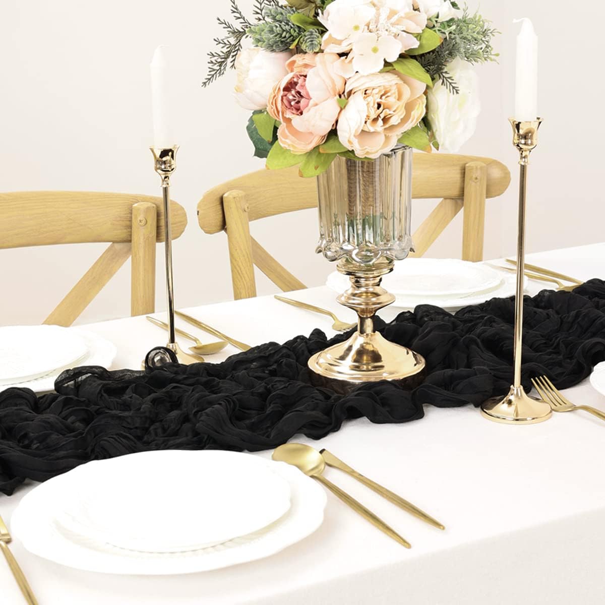 LINXTAR Black Boho Cheesecloth Table Runner 10FT