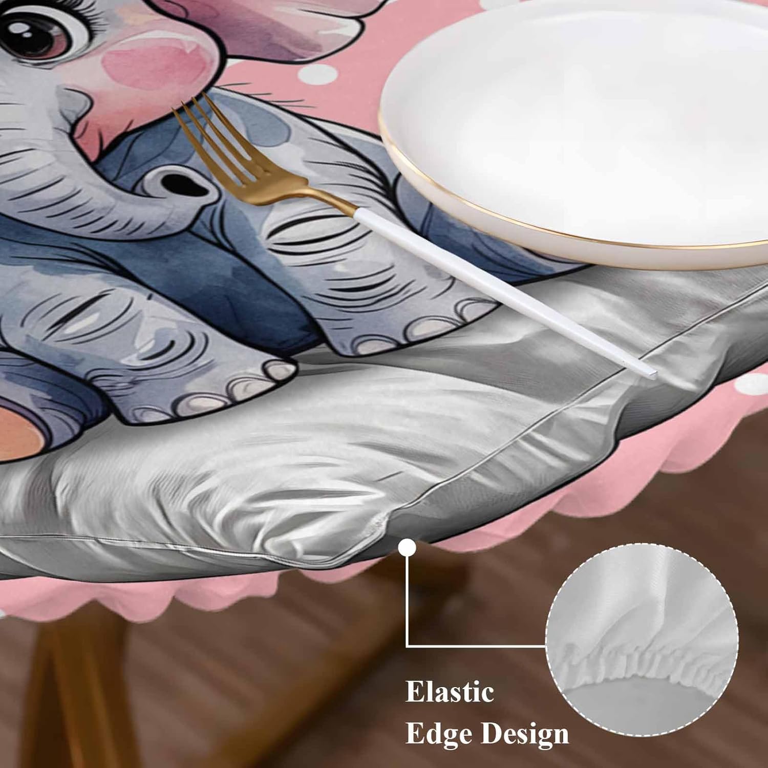 Pink Elephant Tablecloth with Elastic Cover for 36-44 Inch Tables
