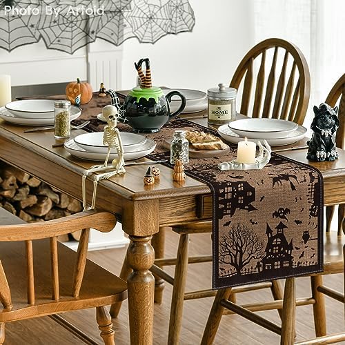 Artoid Mode Black Tan Spooky Haunted House Table Runner 13x72 Inch