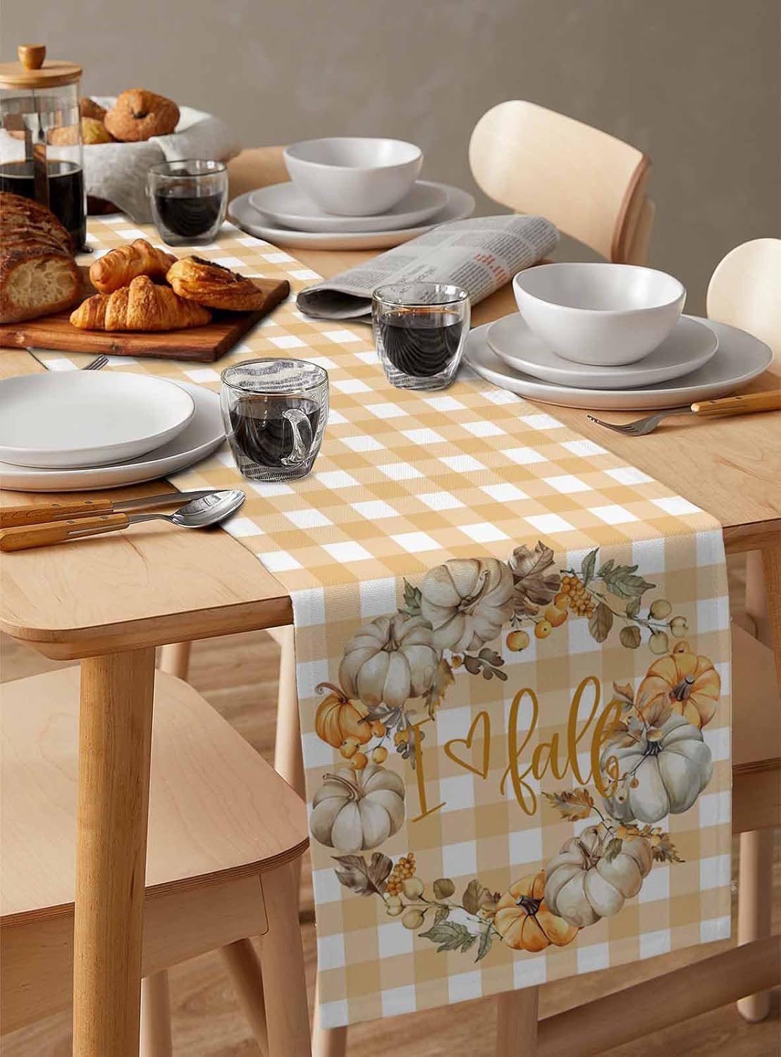Thanksgiving Fall Pumpkin Berry Garland Table Runner 60 Inch Linen Cotton