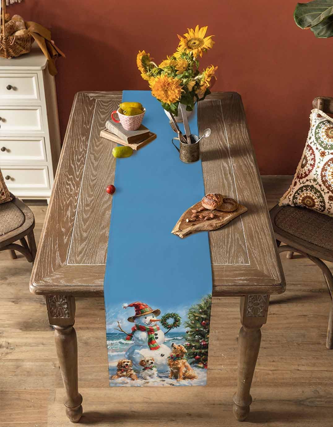 Winter Snowman Pet Dog Linen Table Runner 13x60In