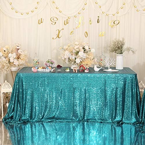 Eternal Beauty Teal Sequin Tablecloth 72x108 inch Sparkly Overlay