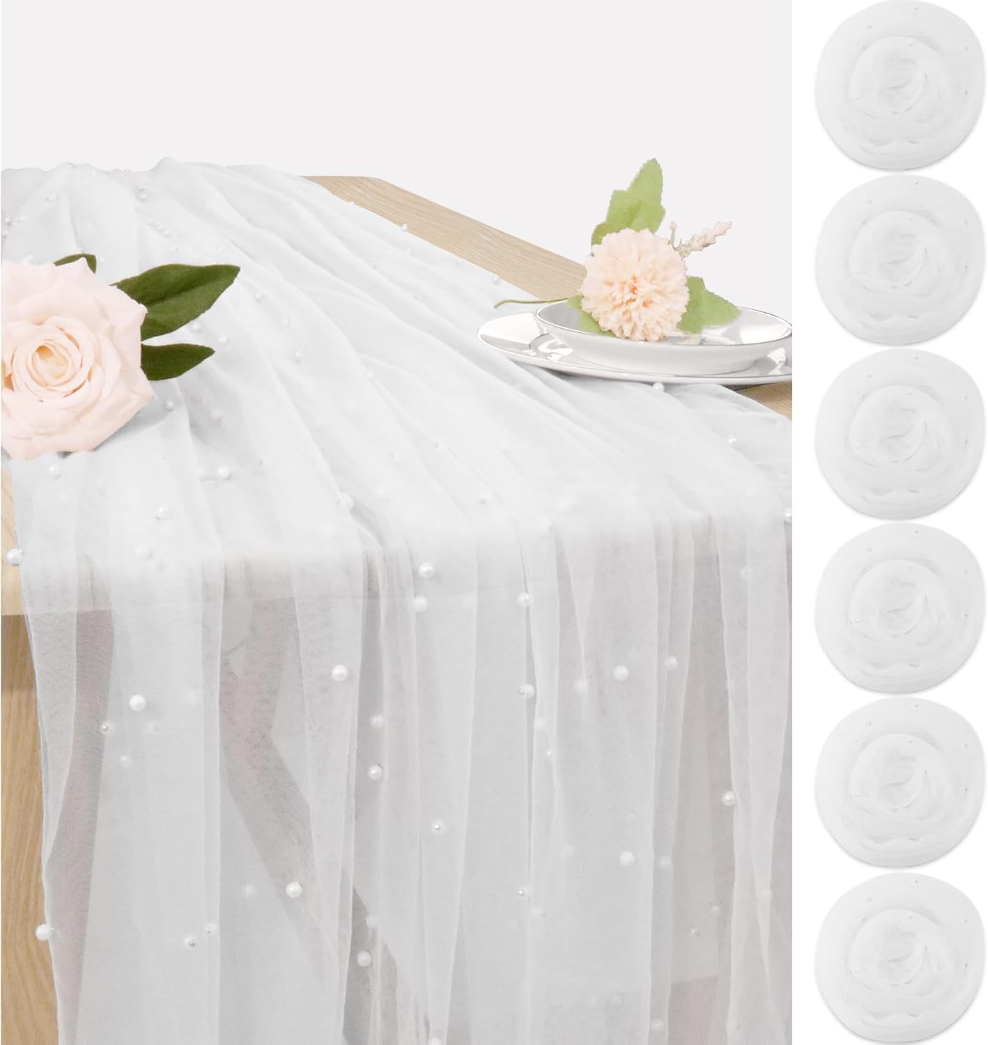 Set of 6 Pearl Tulle Table Runners 29x120 Inch White
