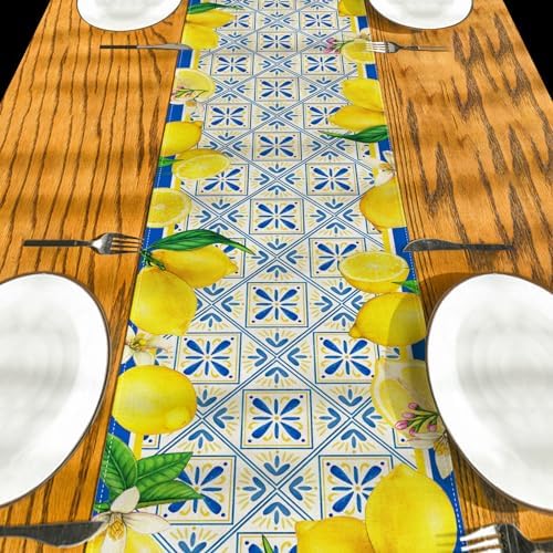 Summer Lemon Table Runner with Blue Tiles Design