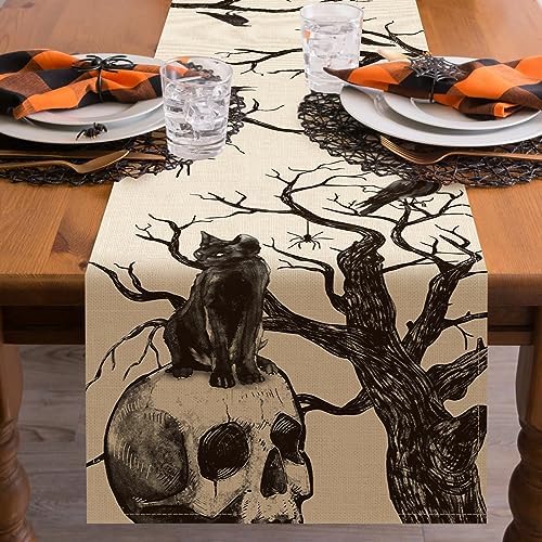 Seliem Halloween Gothic Skull Black Cat Table Runner 13x72 Inches
