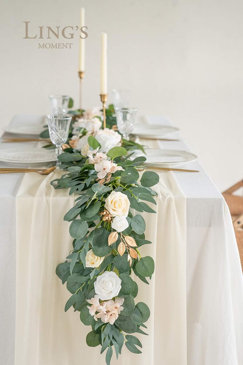 Lings Moment 14 Ft Ivory Sheer Table Runner with Silver Sparkle