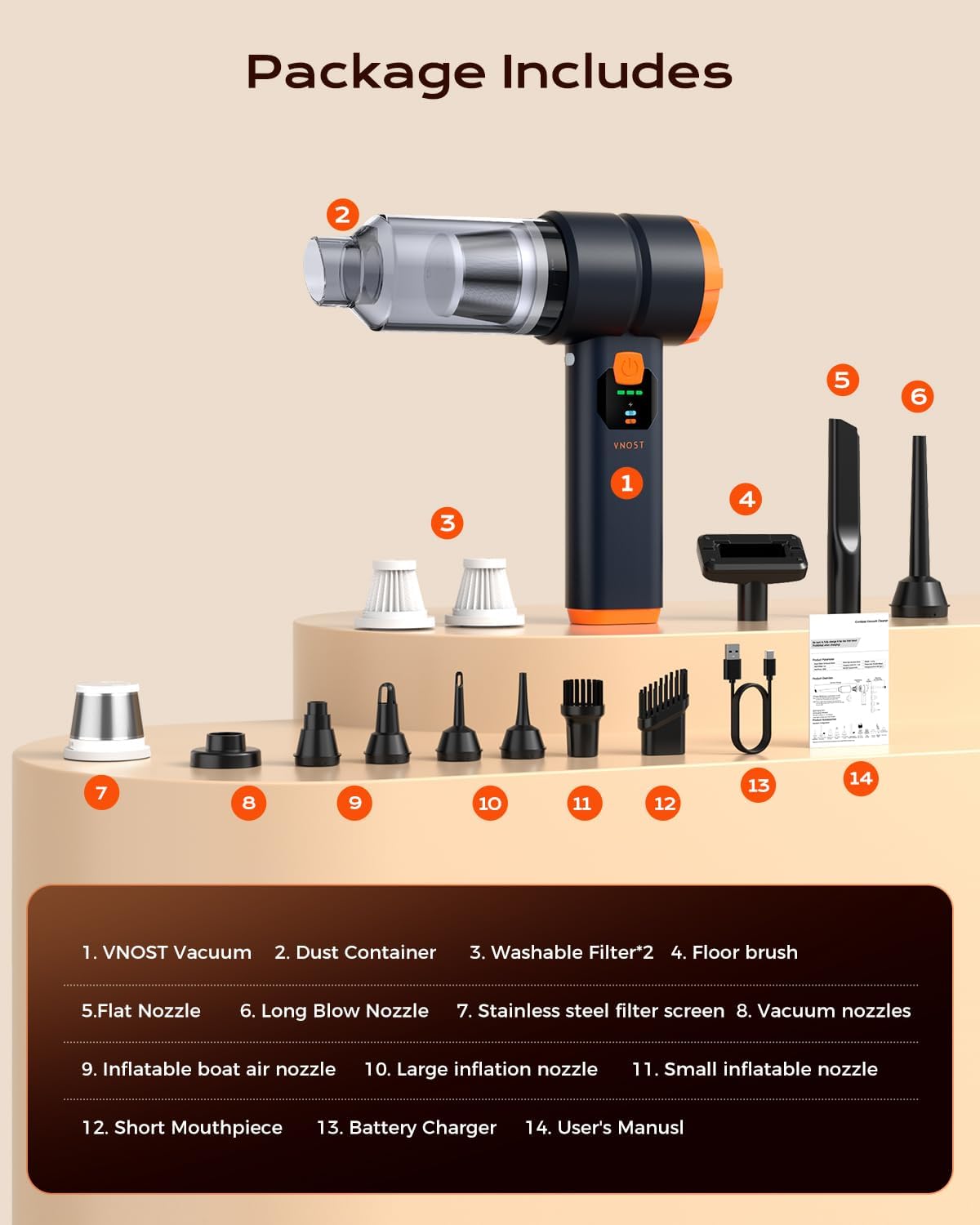 VNOST Car Vacuum Portable Cordless 30000PA 130000RPM Black Orange