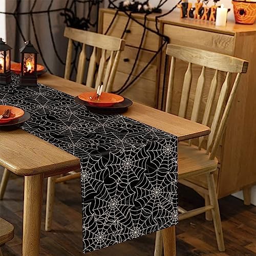 Halloween Table Runner Spider Web Black Linen 13x72 Inch