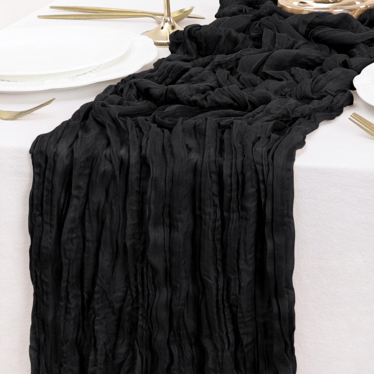 LINXTAR Black Boho Cheesecloth Table Runner 10FT
