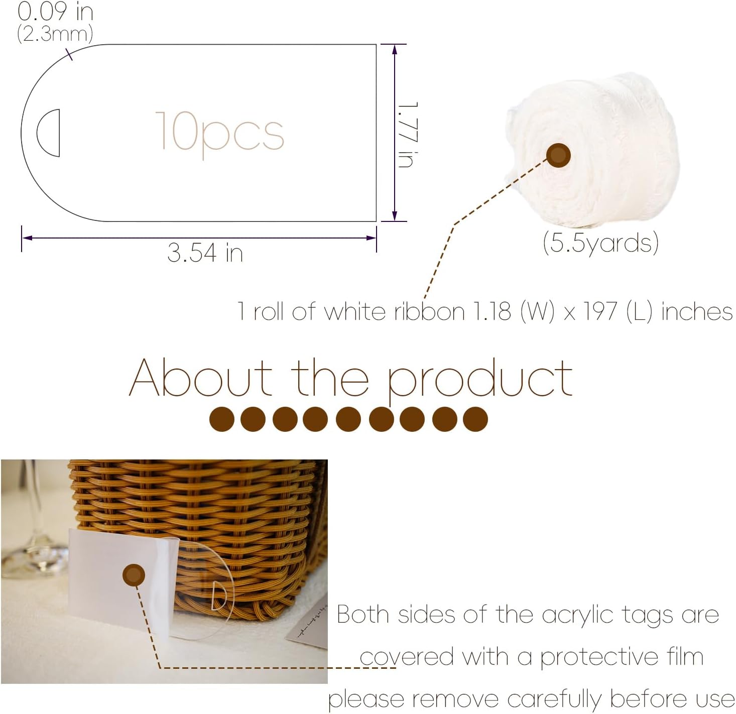 10pcs Clear Acrylic Place Cards with Ribbon for Wedding Party Supplies