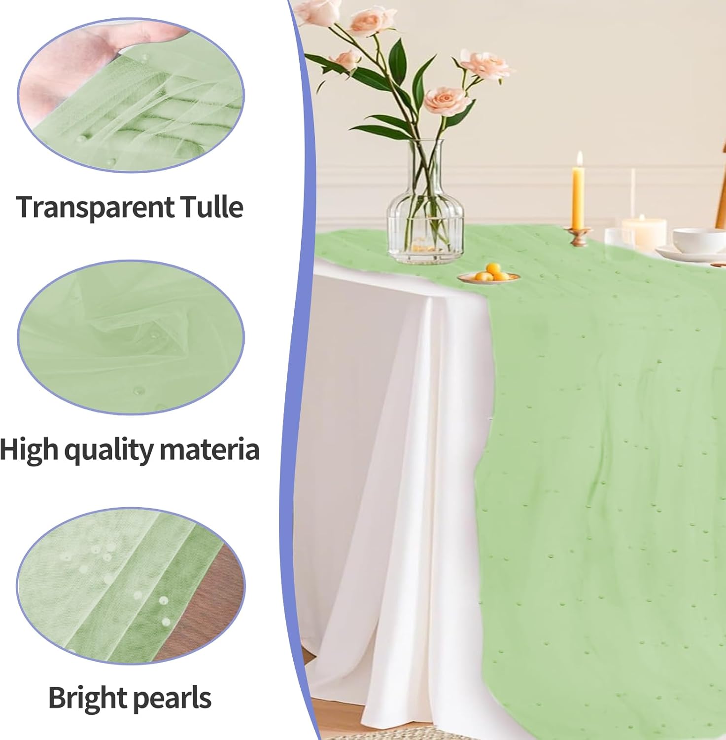 Set of 6 Pearl Table Runner 10ft Table Cloth Green