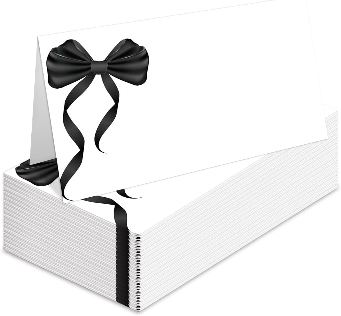 25 Pack Black Bow Table Place Cards for Events