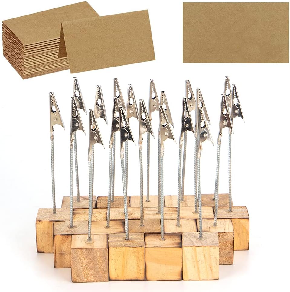 20 Pcs Wood Place Card Holders and 30 Pcs Kraft Place Cards Set