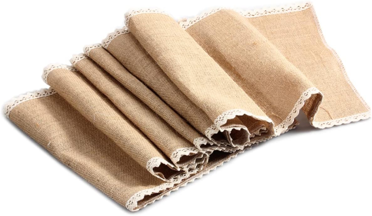 MAGICLULU 30x245cm Burlap Table Runner with Lace Edging