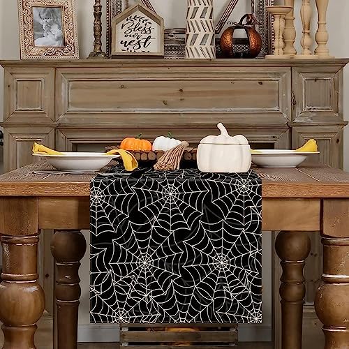 Halloween Table Runner Spider Web Black Linen 13x72 Inch