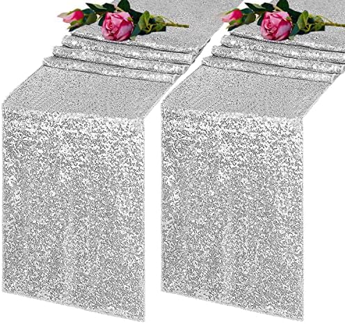 Silver Sequin Table Runner 2 Pack 12x72 Glitter Linen Runner