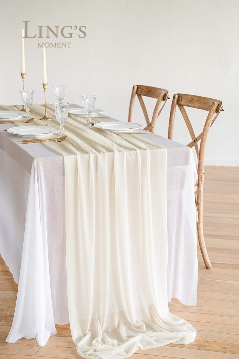Lings Moment 14 Ft Ivory Sheer Table Runner with Silver Sparkle