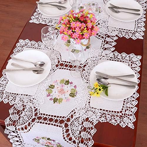 Grelucgo Crochet Table Runner with Ribbon Embroidery 17x72 Inch