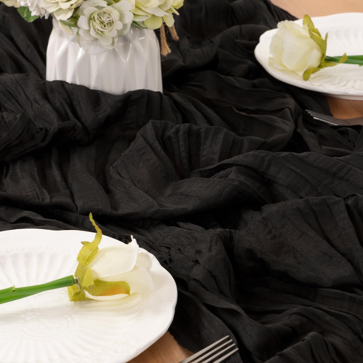 LINXTAR Black Boho Cheesecloth Table Runner 10FT