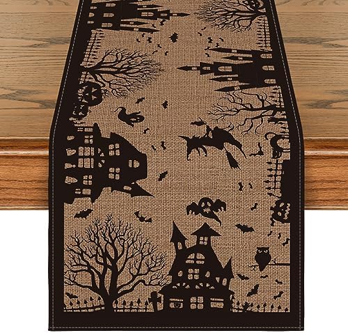Artoid Mode Black Tan Spooky Haunted House Table Runner 13x72 Inch