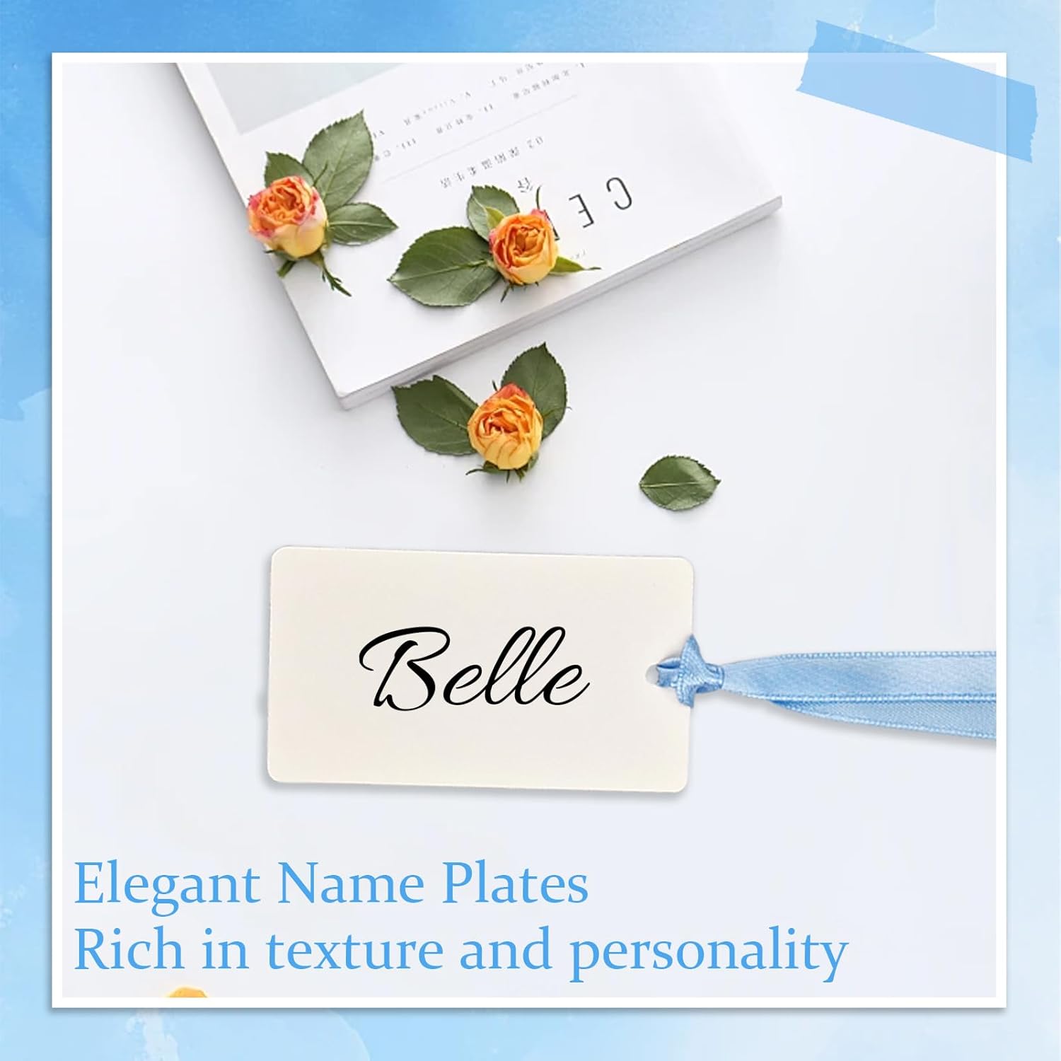 50 Pcs Blank Name Place Cards with Satin Ribbon Blue