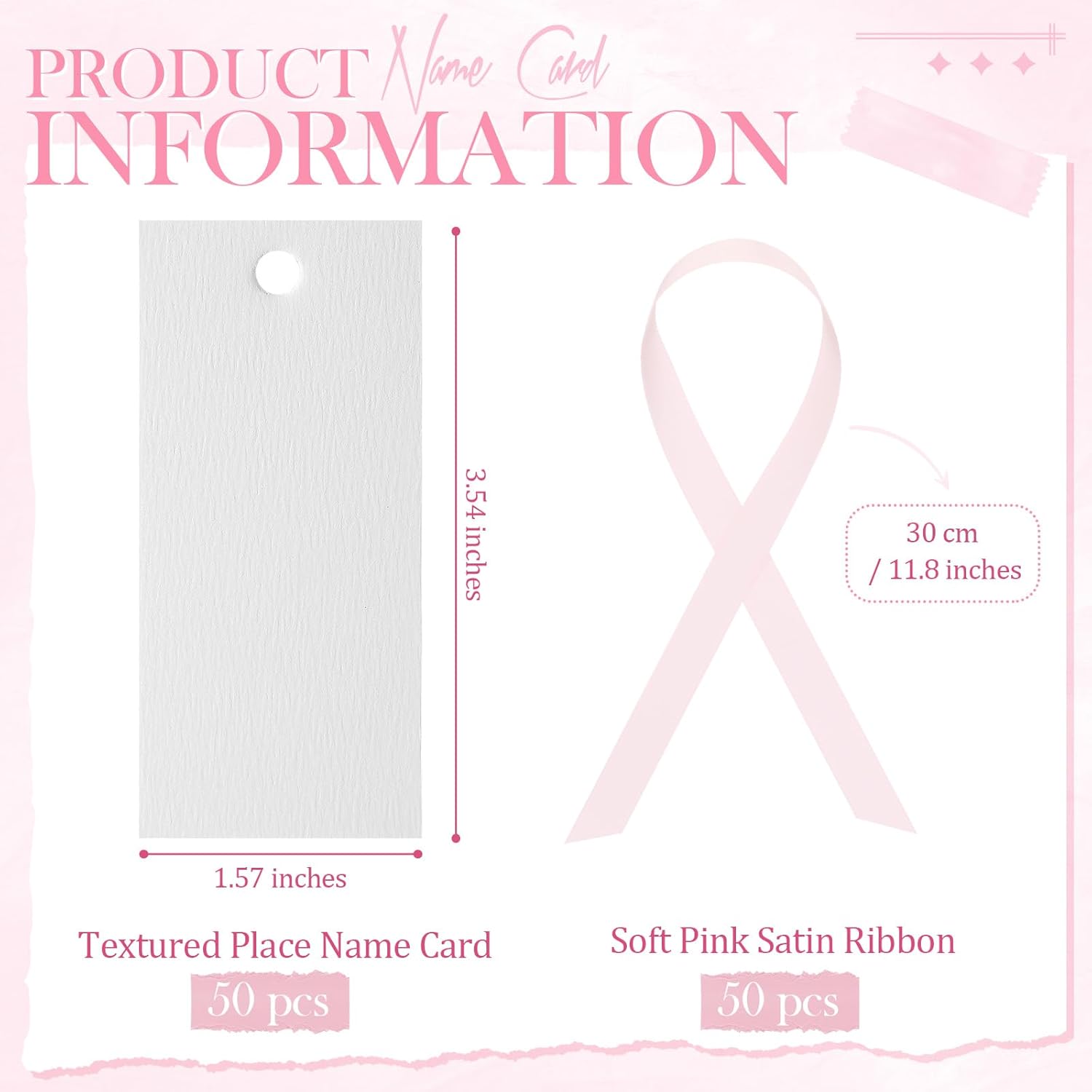 50 Pcs Blank Name Place Cards with Sateen Ribbons for Wedding Party