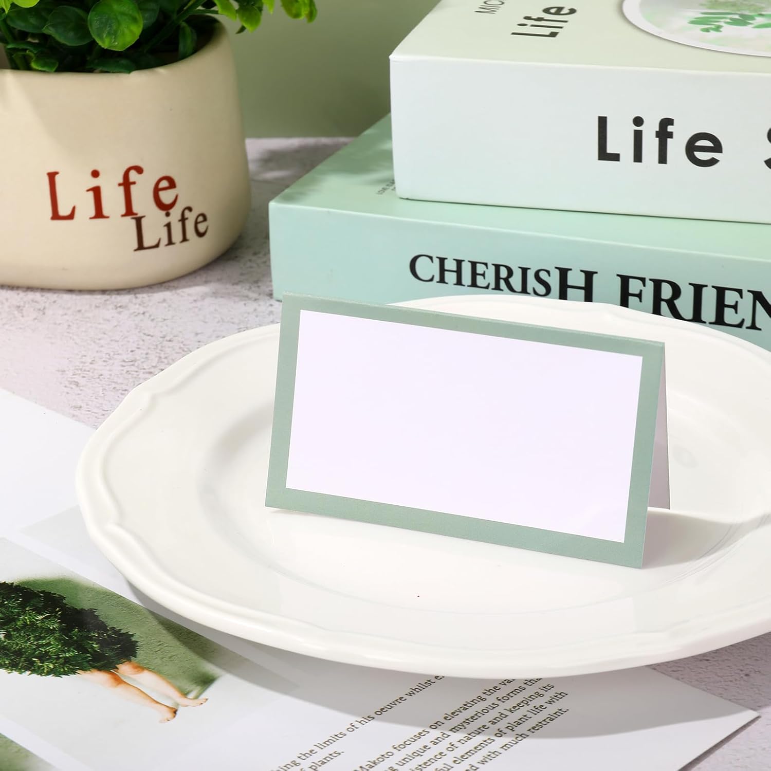 Whaline 100Pcs Sage Green Place Cards Wedding Seating Cards Tented Cards Party Supplies