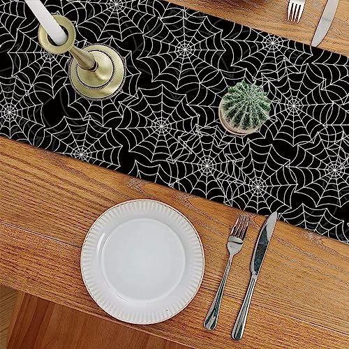 Halloween Table Runner Spider Web Black Linen 13x72 Inch