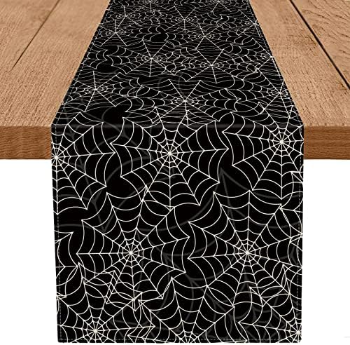 Halloween Table Runner Spider Web Black Linen 13x72 Inch