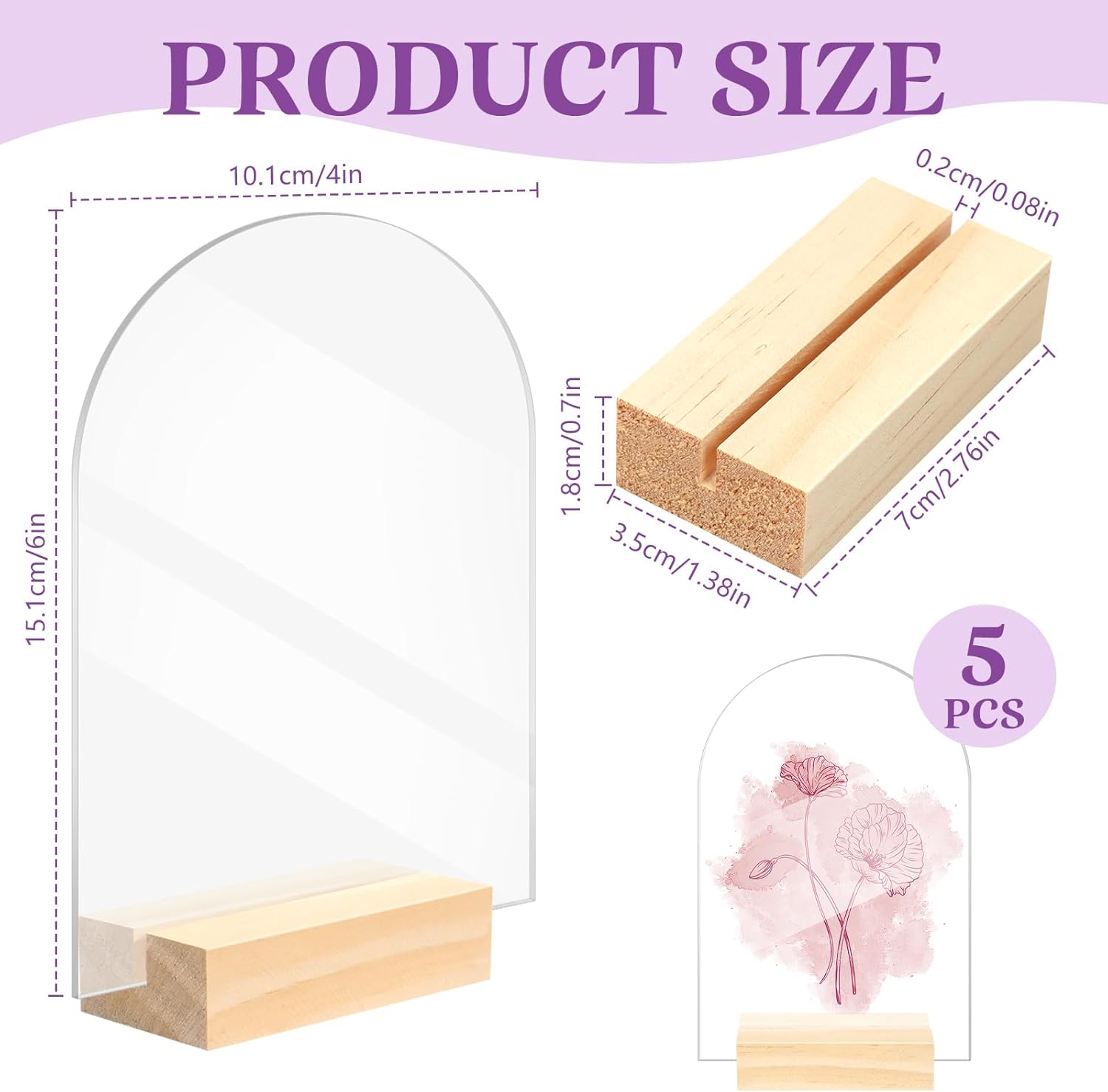 Bercoor 5 Pack 4x6 Inch Clear Arch Acrylic Signs with Wood Stands
