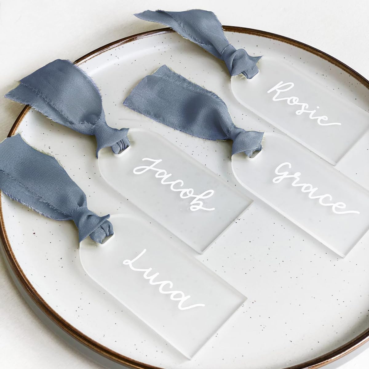 TETOU 50Pcs Acrylic Place Cards with Blue Ribbon for Wedding