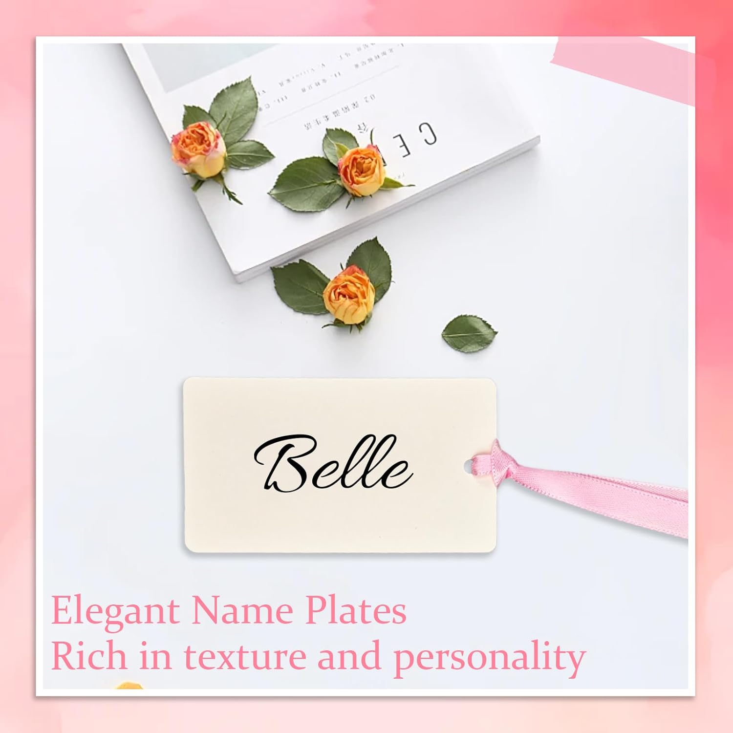 50 Pcs Blank Name Place Cards with Satin Ribbon Pink