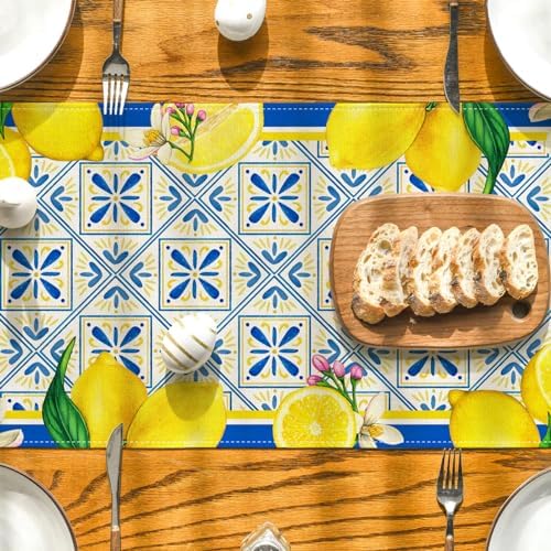 Summer Lemon Table Runner with Blue Tiles Design