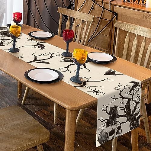 Seliem Halloween Gothic Skull Black Cat Table Runner 13x72 Inches
