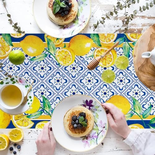 WHOMEAF Capri Blue Lemon Table Runner 13x108 Inch