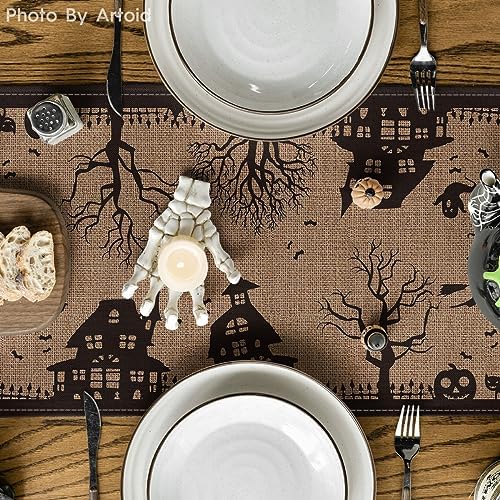 Artoid Mode Black Tan Spooky Haunted House Table Runner 13x72 Inch