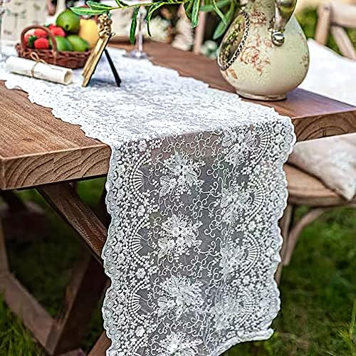 White Lace Table Runner 16x48 Inches Floral Embroidered