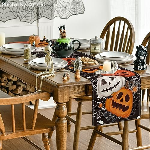 Artoid Mode Black Pumpkins Spider Web Halloween Table Runner 13x72 Inch