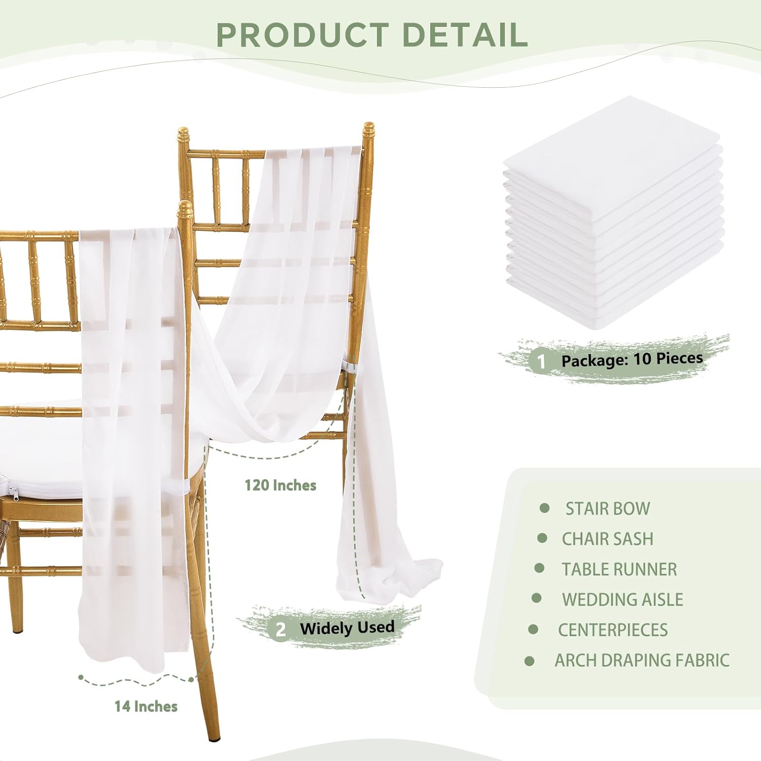 10 Pack White Chiffon Table Runners 14x120 Inches