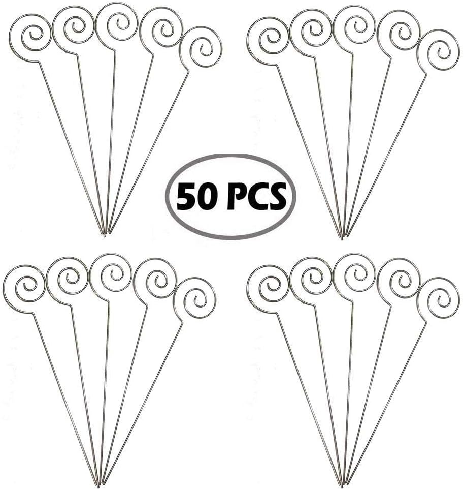 HOHIYA 50pc Silver Floral Card Holder Pick Stick
