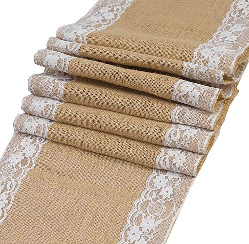 MDS 5 Piece Natural Burlap Table Runners with White Lace