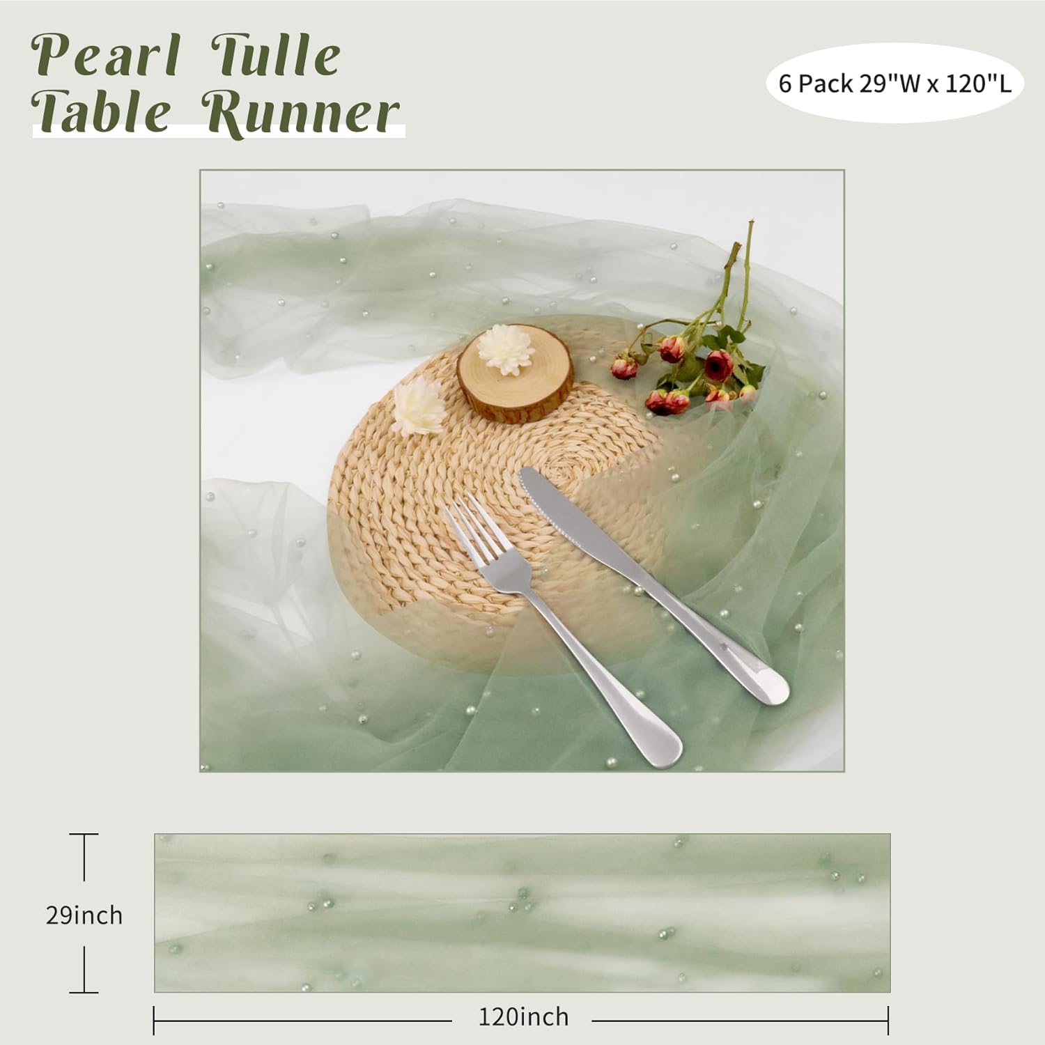 6 Piece Pearl Tulle Table Runner Set Sage Green
